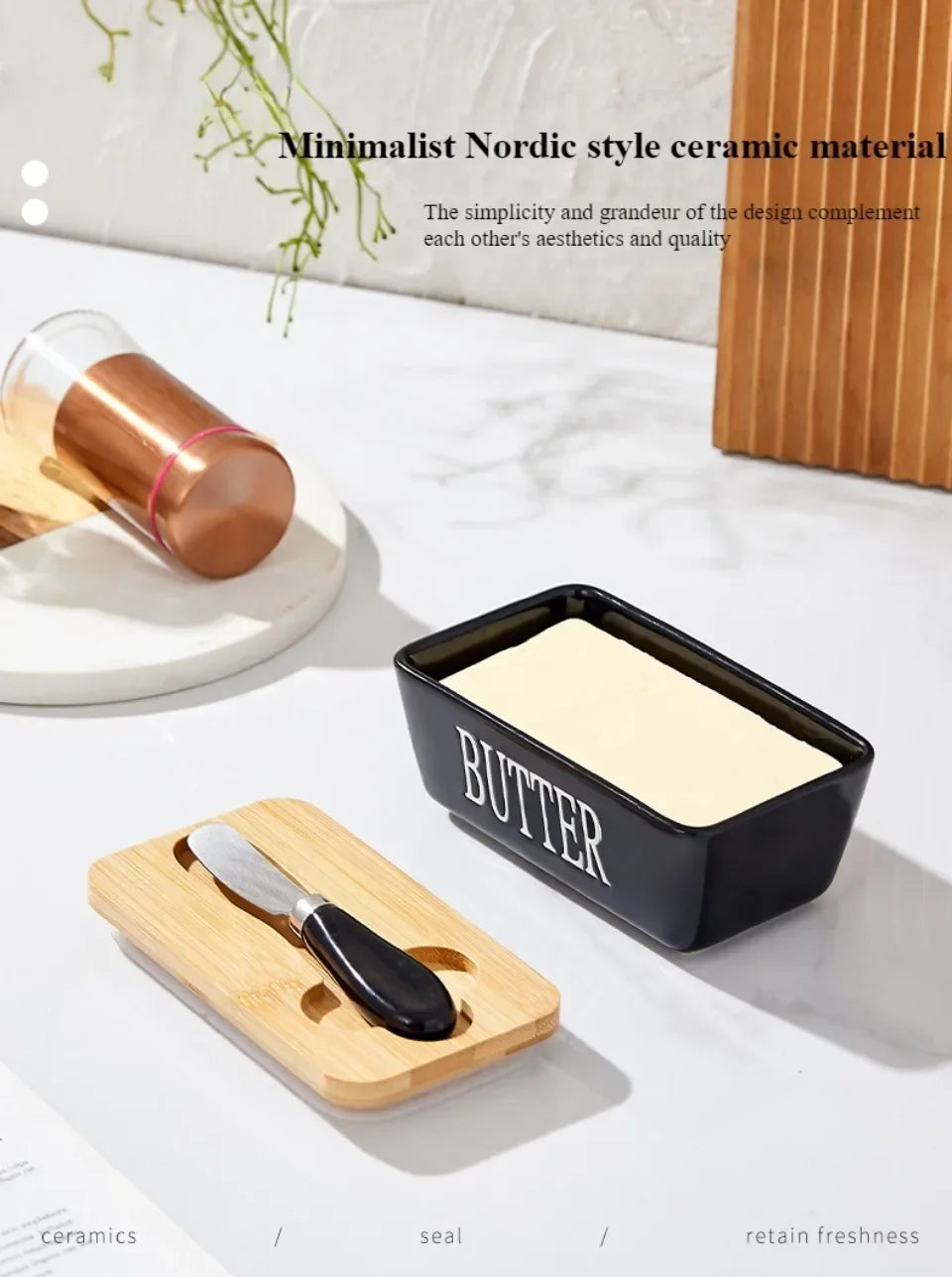 1pc Ceramic Butter Cheese Container Box Household Kitchen Restaurant Butter Storage Box with Knife Bamboo Wood Lid Butter Box