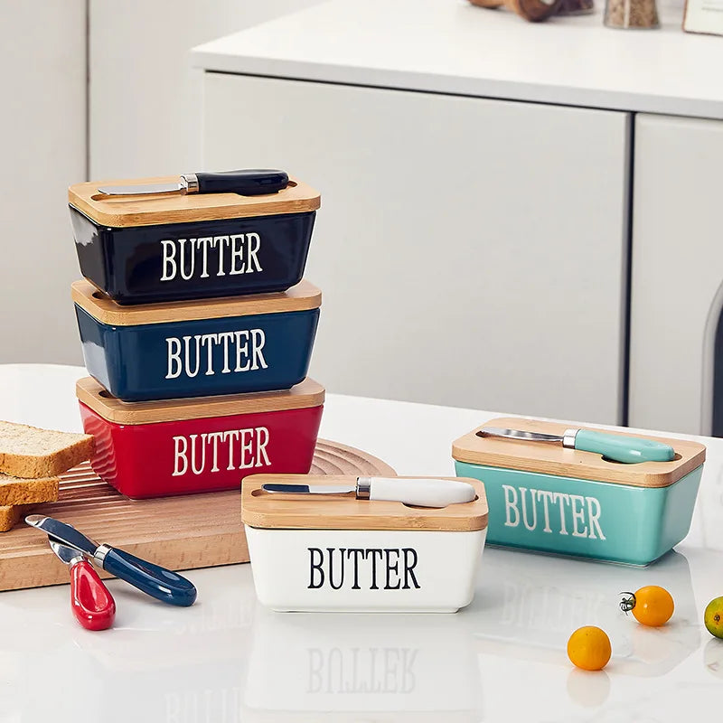 1set ceramic butter box, rectangular cheese butter sealed box, household kitchen food storage box, gift