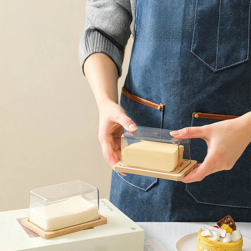 Nordic Countertop Bamboo Butter Dish Plate with Transparent Acrylic Lid Kitchen Storage Butter Container Box Butter Tableware
